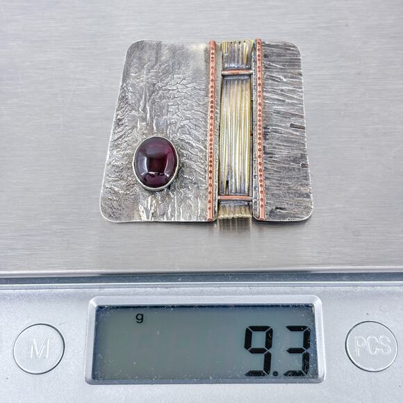 Artisan Sterling Silver 925 Mid Century Modern Mixed Metal Garnet Pin Brooch - Picture 6 of 6